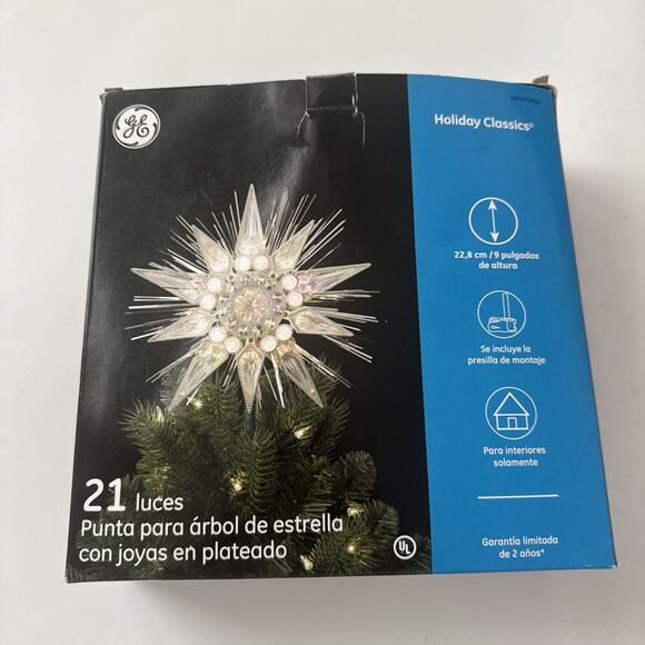 GE Silver Jewel Star Tree Topper 21 Clear Lights Green Cord 9" Christmas Holiday - Picture 11 of 11